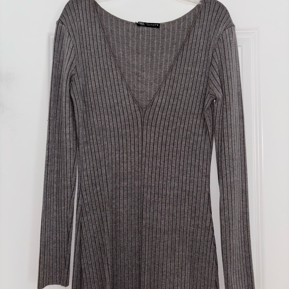 Zara Ribbed V-Neck Long Sleeve Knit Dress - Gray - Picture 7 of 7